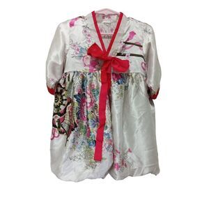 Silk Blend Girls Children White with Floral Print Kimono Dress Small
